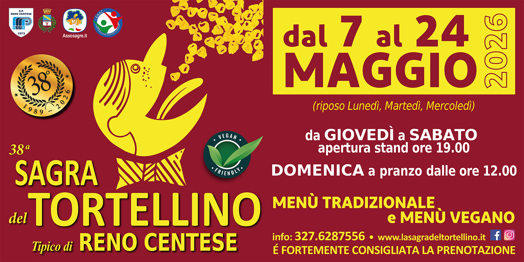 38ª Sagra del Tortellino · dal 7 al 24 Maggio 2026 · Reno Centese